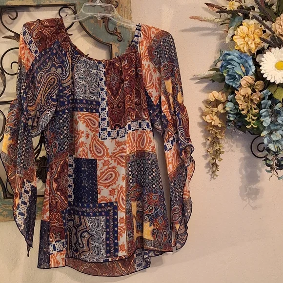 New Directions Multicolor Patchwork Blouse. Excellent Condition NWOT Size Med - Picture 1 of 9